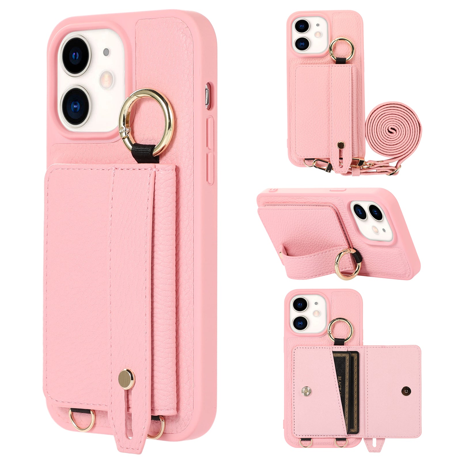 Fall-proof Cover for iPhone 11 6.1 inch Card Holder Hand Strap Leather TPU Phone Kickstand Case with Shoulder Strap Fall-proof Cover for iPhone 11 6.1 inch Card Holder Hand Strap Leather TPU Phone Kickstand Case with Shoulder Strap